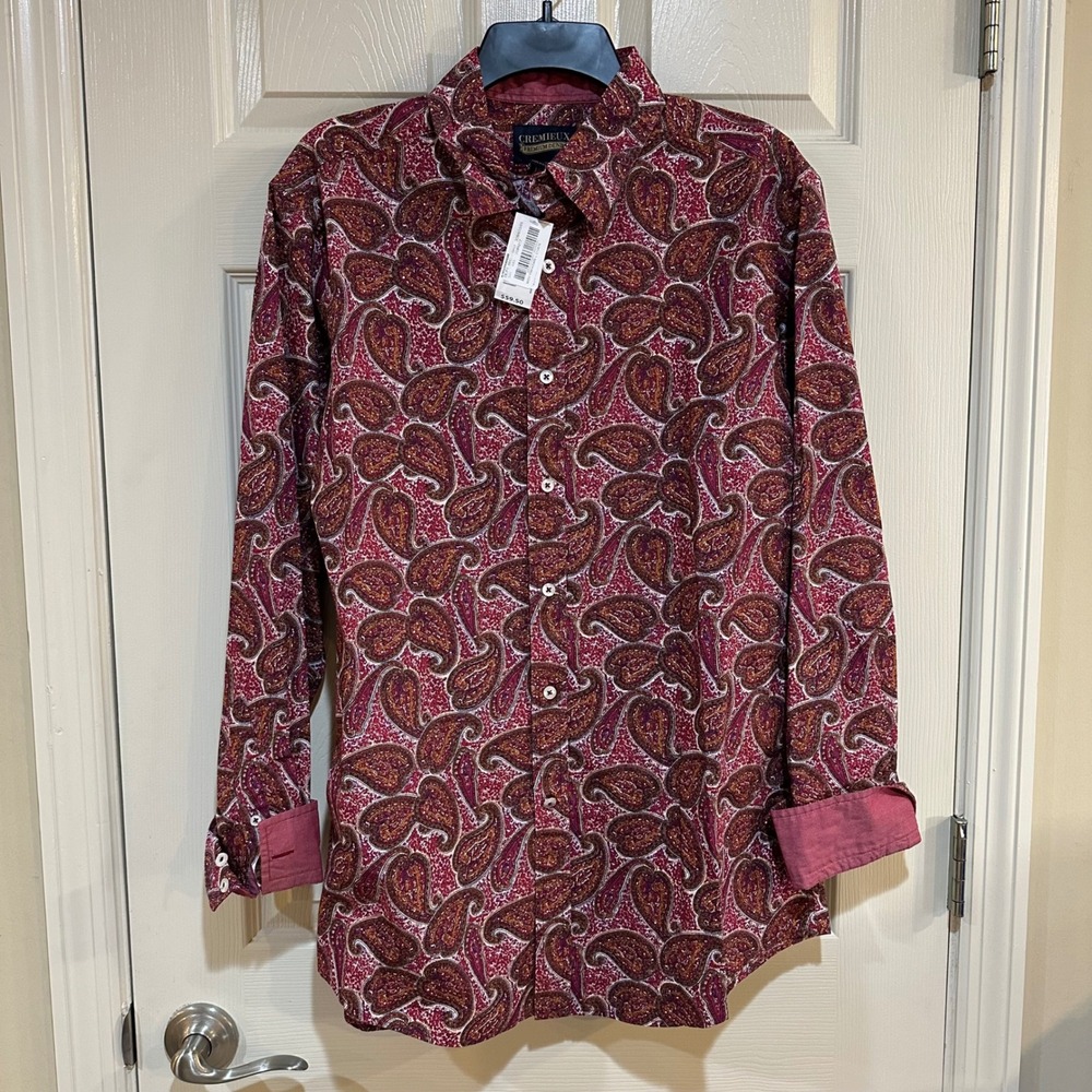 Cremieux Premium Denim Mens Burgundy Paisley Button Down Shirt Cotton‎ New L